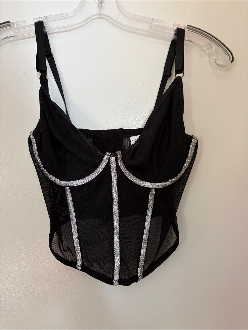 Black Mesh Corset Bodysuit with Silver Trim - Women Small Spirit Halloween